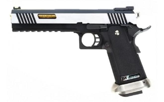 Страйкбольный пистолет WE Colt M1911 Hi-Capa 6, компенсатор, черная рамка, серебр. затвор