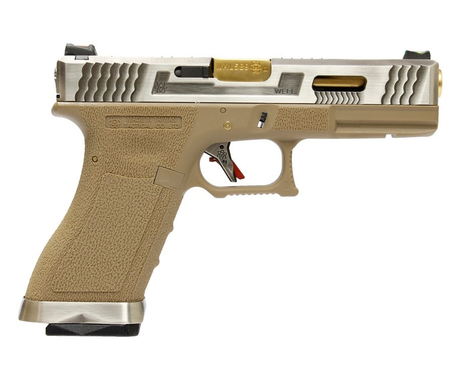Страйкбольный пистолет WE Glock-17 G-Force, Tan рамка, серебр. затвор, золот. ствол