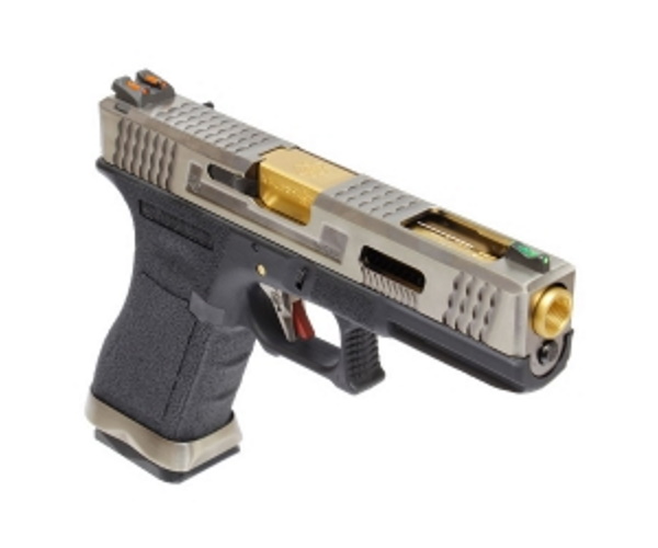Страйкбольный пистолет WE Glock-18 G-Force, черная рамка, серебр. затвор, золот. ствол