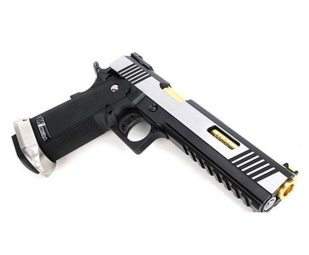 Страйкбольный пистолет WE Colt M1911 Hi-Capa 6, компенсатор, черная рамка, серебр. затвор