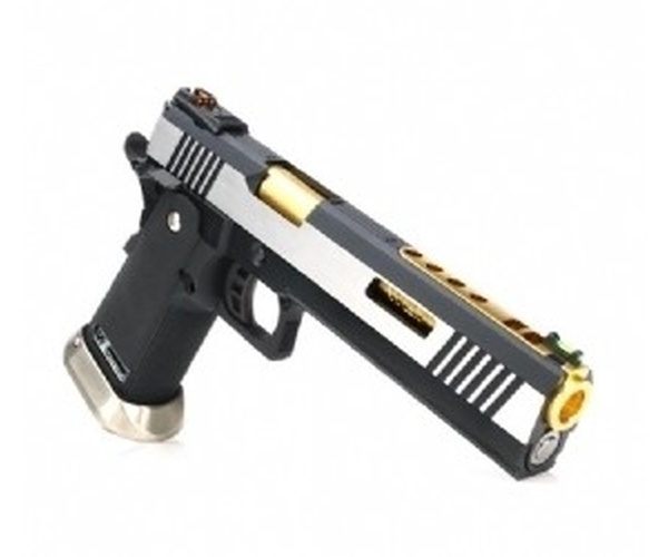 Страйкбольный пистолет WE Colt M1911 Hi-Capa 6, компенсатор, черная рамка, серебр. затвор