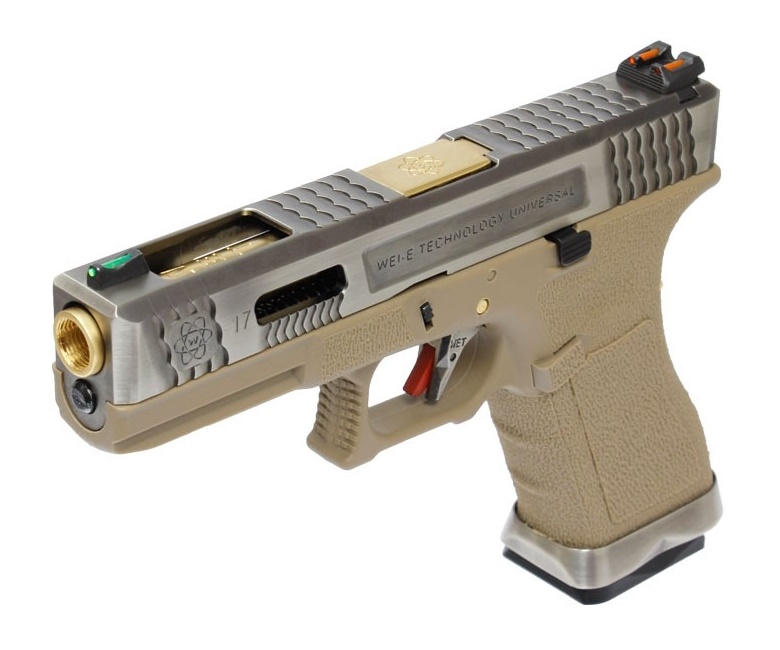 Страйкбольный пистолет WE Glock-17 G-Force, Tan рамка, серебр. затвор, золот. ствол