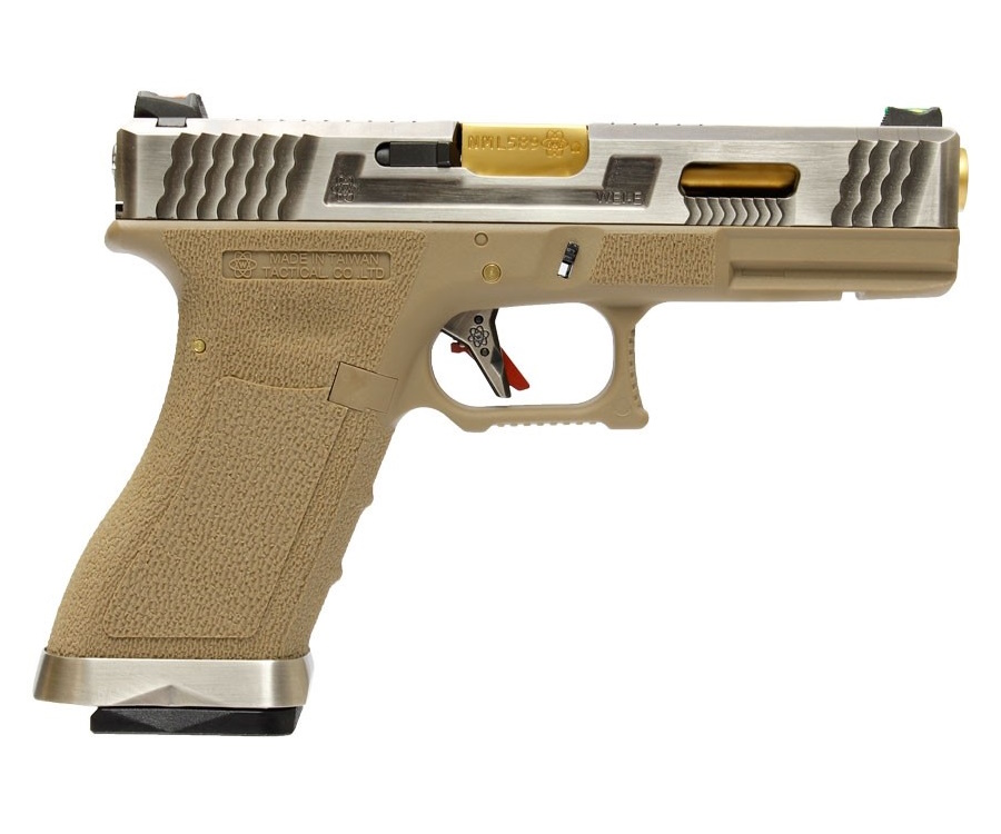 Страйкбольный пистолет WE Glock-18 G-Force, Tan рамка, серебр. затвор, золот. ствол