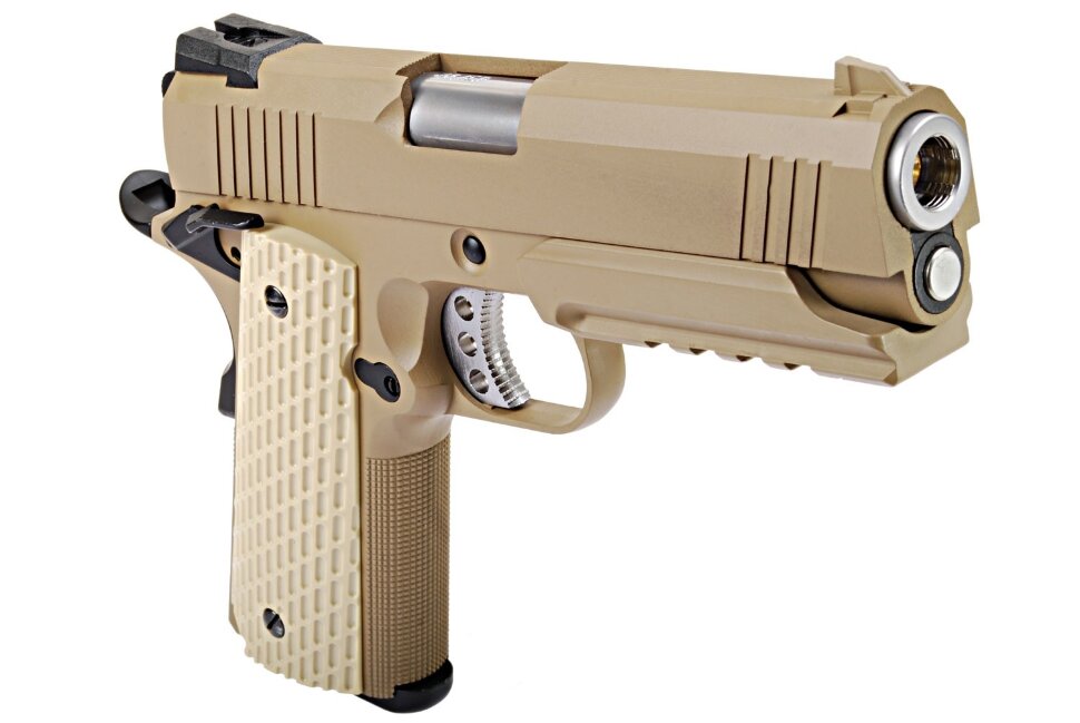 Страйкбольный пистолет WE-E011-TN Colt М1911А1 Desert Warrior 4.3 Rail Tan