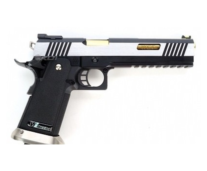 Страйкбольный пистолет WE Colt M1911 Hi-Capa 6, компенсатор, черная рамка, серебр. затвор