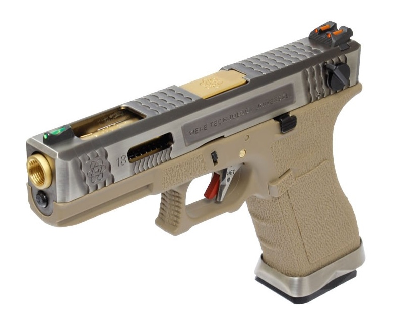 Страйкбольный пистолет WE Glock-18 G-Force, Tan рамка, серебр. затвор, золот. ствол