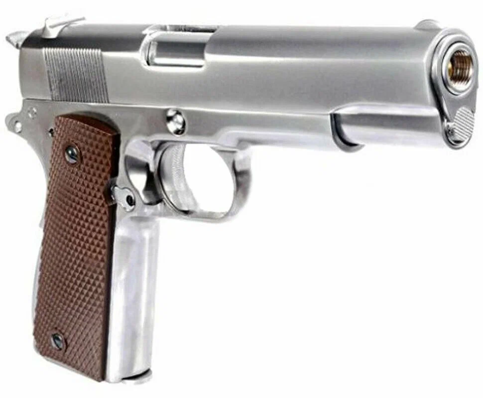 Страйкбольный пистолет WE Colt M1911A1 Gen 2 CO₂ Silver (WE-E017C-SV) — блоубэк, 6 мм