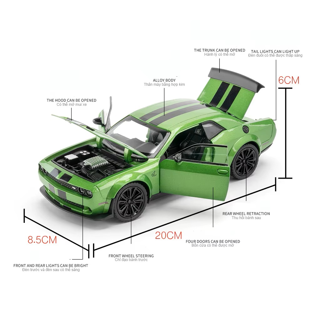 Металлическая машинка Dodge Challenger SRT Hellcat 1:24 зелёная
