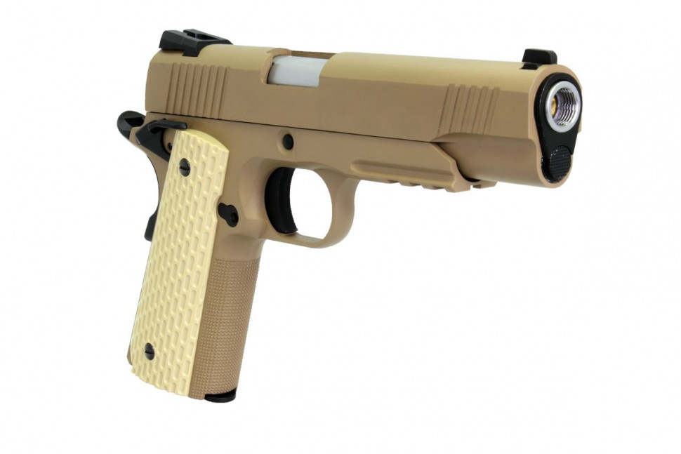 Страйкбольный пистолет WE-E010-TAN Colt М1911А1 Kimber Style Rail Tan