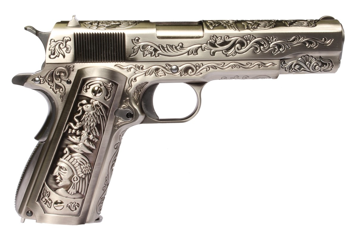 Страйкбольный пистолет WE Colt M1911А1 (металл, хромированный, гравировка)