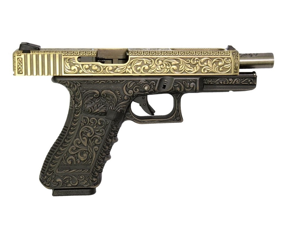 Страйкбольный пистолет WE Glock-34 Gen.3 Bronze, с гравировкой (WE-G008 BOX-FP)