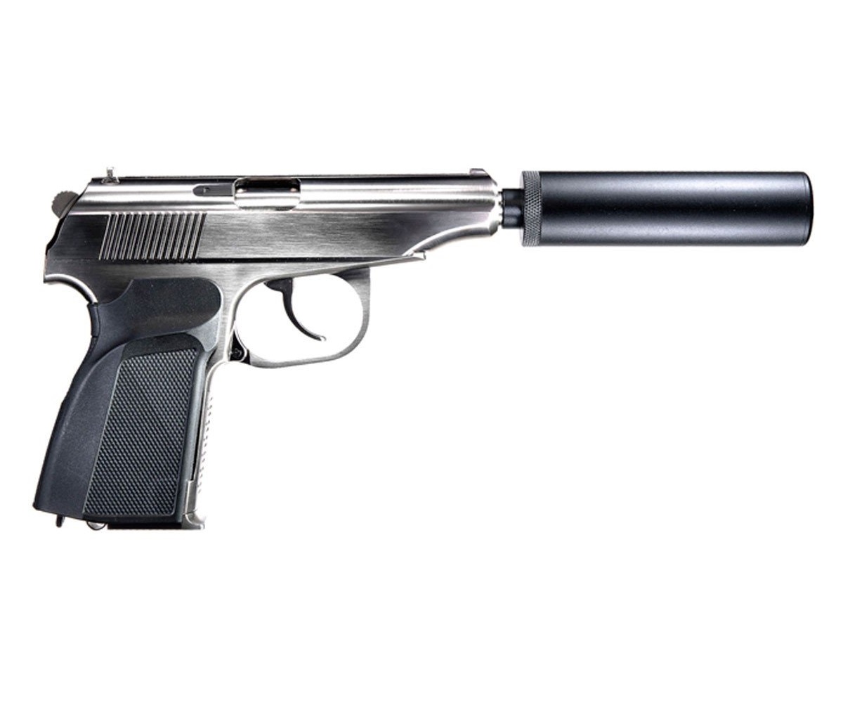 Страйкбольный пистолет WE Makarov 654K Silver, с глушителем (WE-MA001-SV)