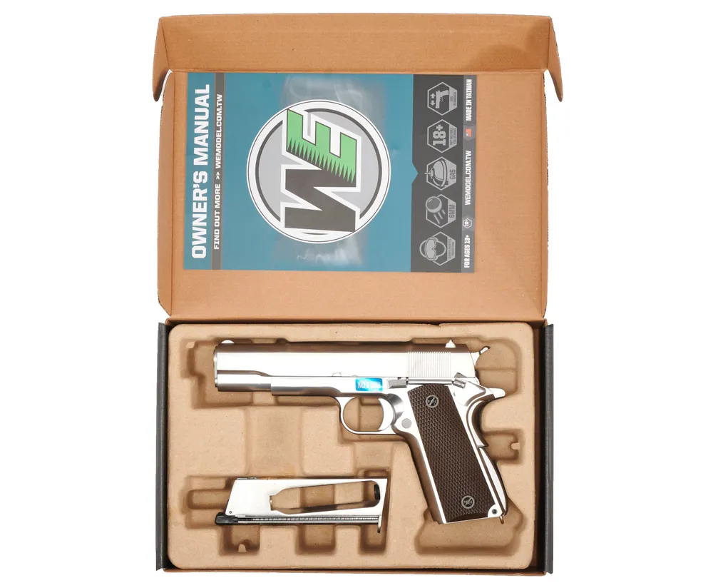 Страйкбольный пистолет WE Colt M1911A1 Gen 2 CO₂ Silver (WE-E017C-SV) — блоубэк, 6 мм