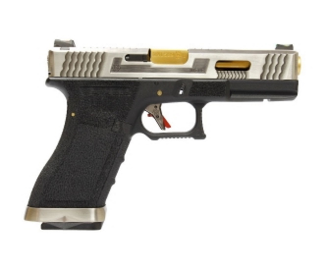 Страйкбольный пистолет WE Glock-18 G-Force, черная рамка, серебр. затвор, золот. ствол