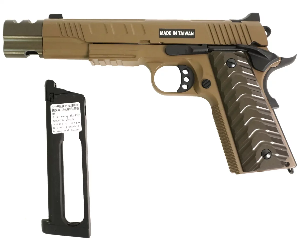 Страйкбольный пистолет KJW Colt M1911 (удлинённый, CO₂) — контроль и темп на 6