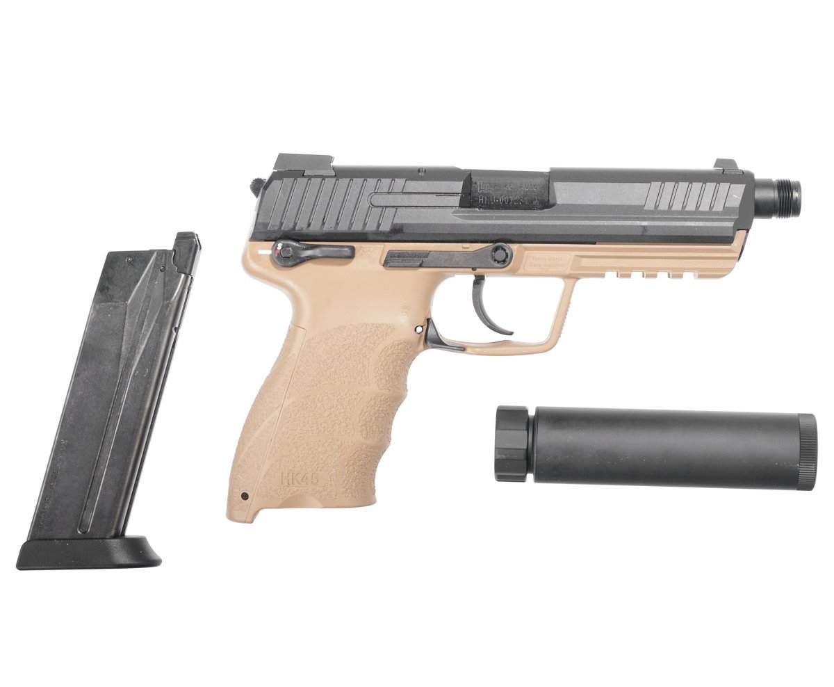 Страйкбольный пистолет GBB Tokyo Marui HK45 Tactical (142764) Blowback, чёрный/песочный, с пластиковым модератором