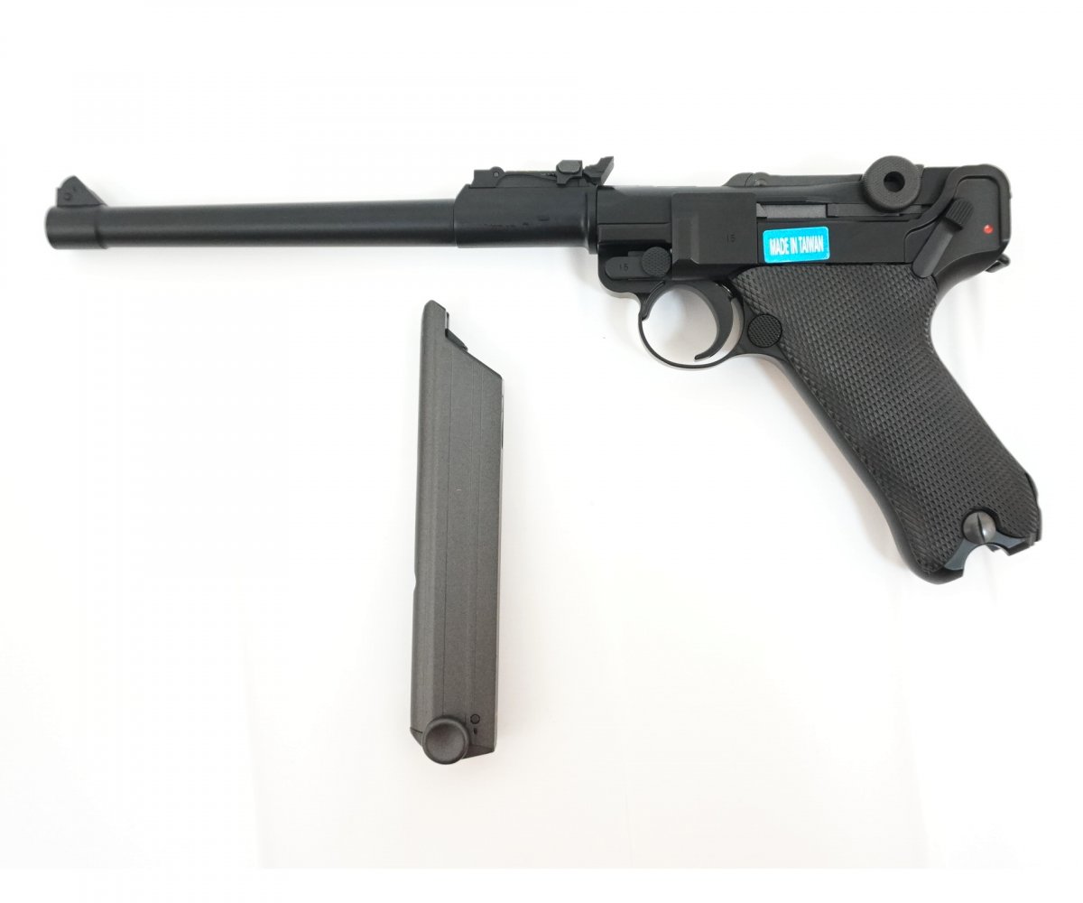 Страйкбольный пистолет WE Luger P08 8” Black (WE-P003)
