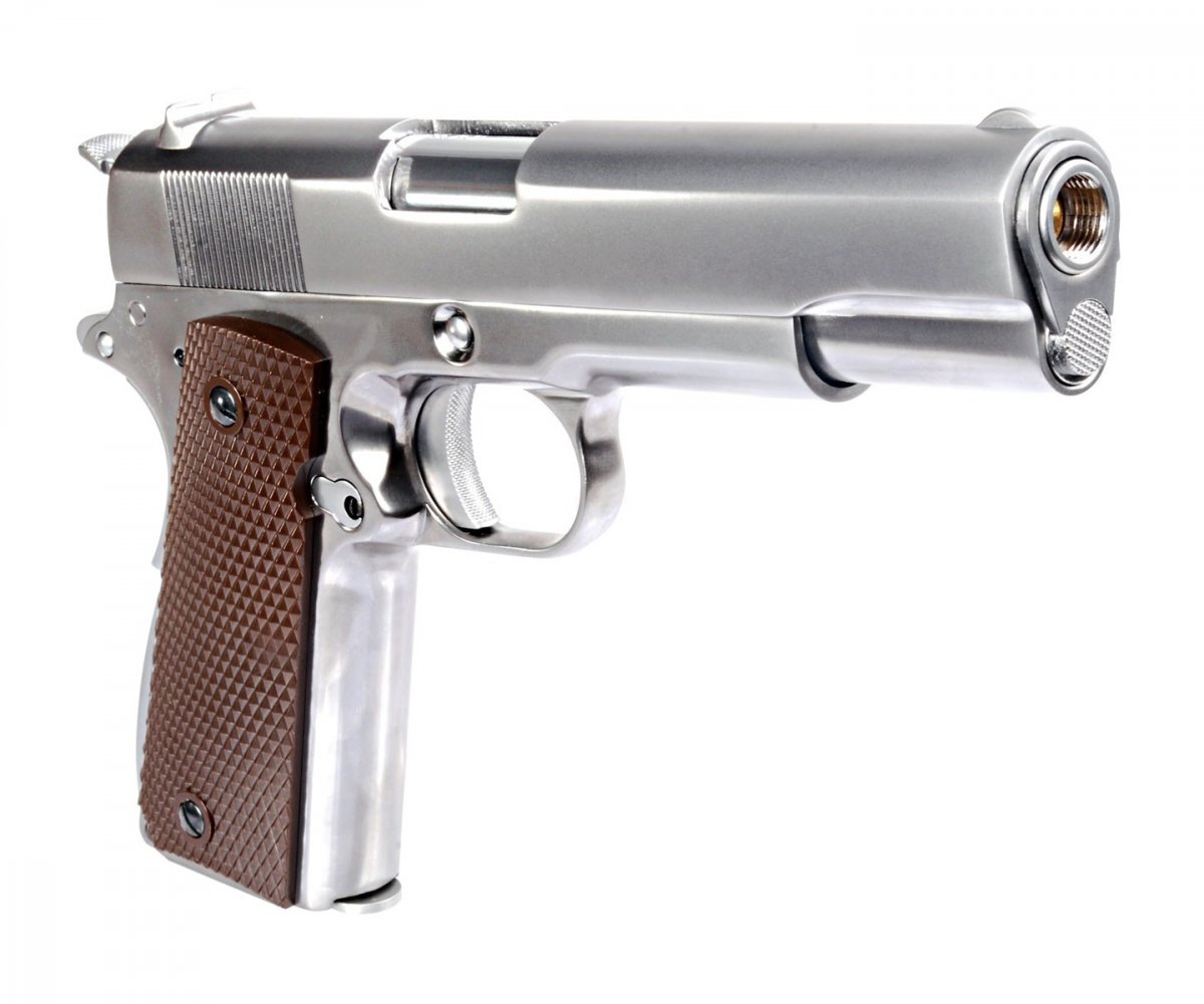 Страйкбольный пистолет WE Colt M1911A1 Silver, коричневые накладки (WE-E006A)