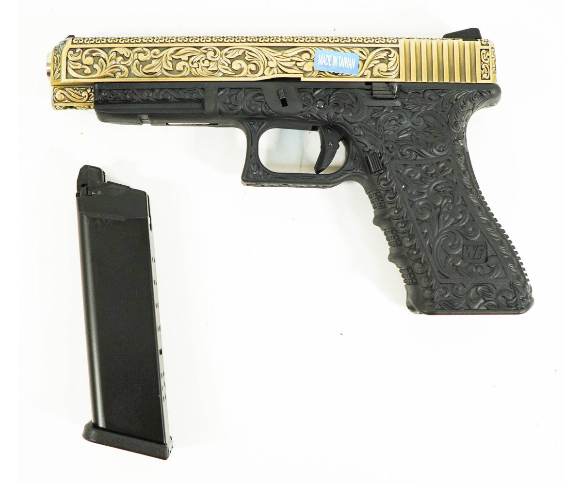 Страйкбольный пистолет WE Glock-34 Gen.3 Bronze, с гравировкой (WE-G008 BOX-FP)
