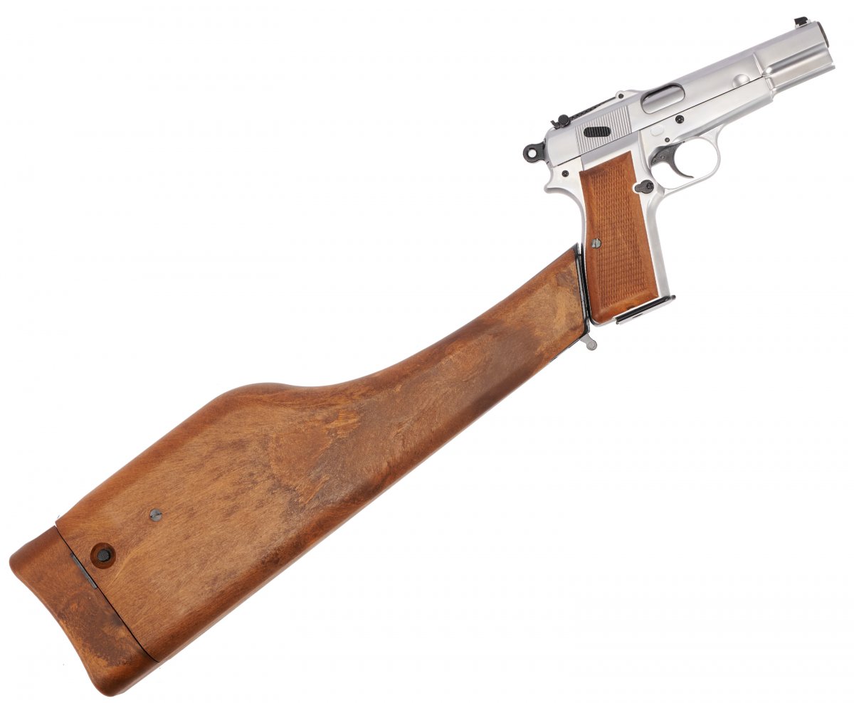 Страйкбольный пистолет WE Browning Hi Power (6 мм, Gas, хром, кобура-приклад, WE-B006)