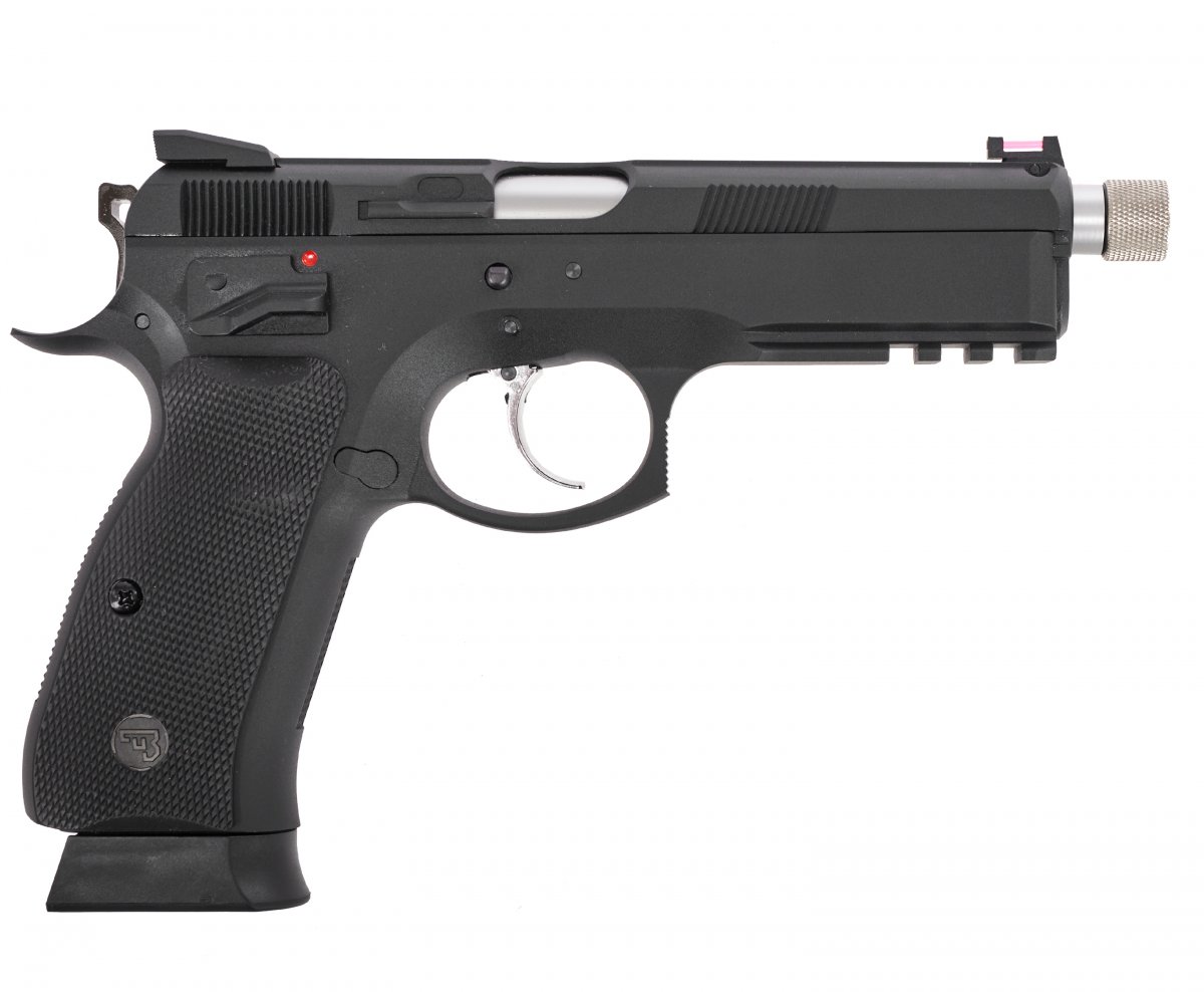 Страйкбольный пистолет GBB KJW CZ75 SP-01 SHADOW TBC (SP-01.GAS TBC) с удлинённым резьбовым стволом M14, Blowback, чёрный