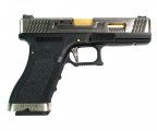 Страйкбольный пистолет WE Glock-17 G-Force, черная рамка, серебр. затвор, золот. ствол