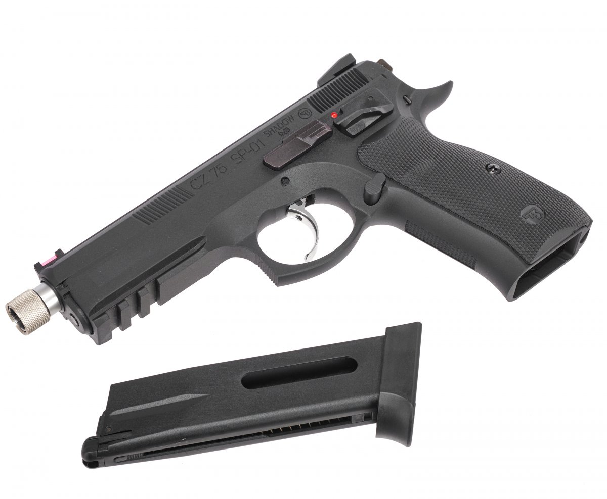 Страйкбольный пистолет GBB KJW CZ75 SP-01 SHADOW TBC (SP-01.GAS TBC) с удлинённым резьбовым стволом M14, Blowback, чёрный