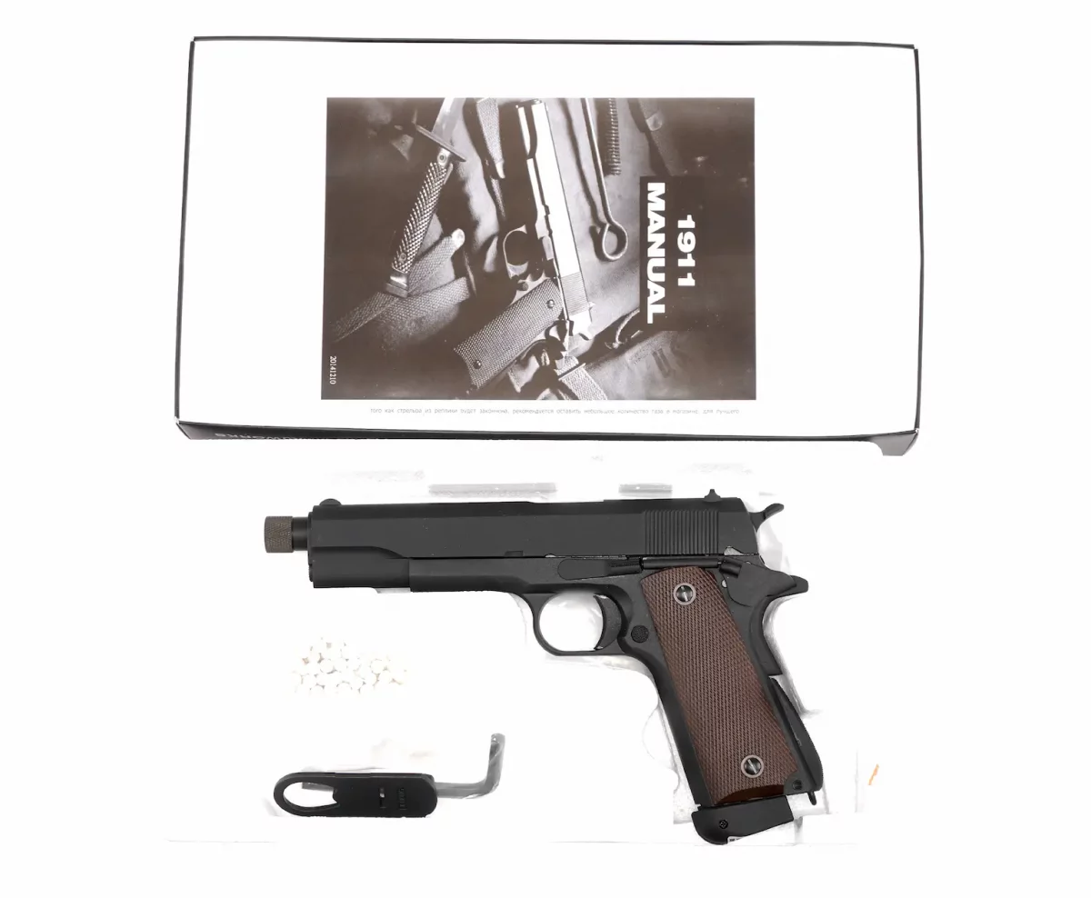 Страйкбольный пистолет KJW Colt 1911 CO₂ — чёрный, GBB, резьбовой ствол, 6 мм