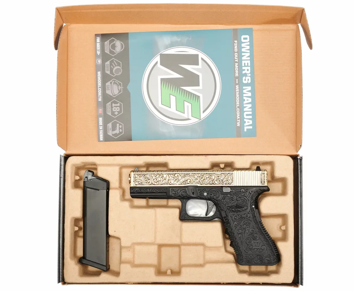 Страйкбольный пистолет WE G17 Gen3 (WE-G001BOX-FP) — «под бронзу», гравировка, GBB, 6 мм