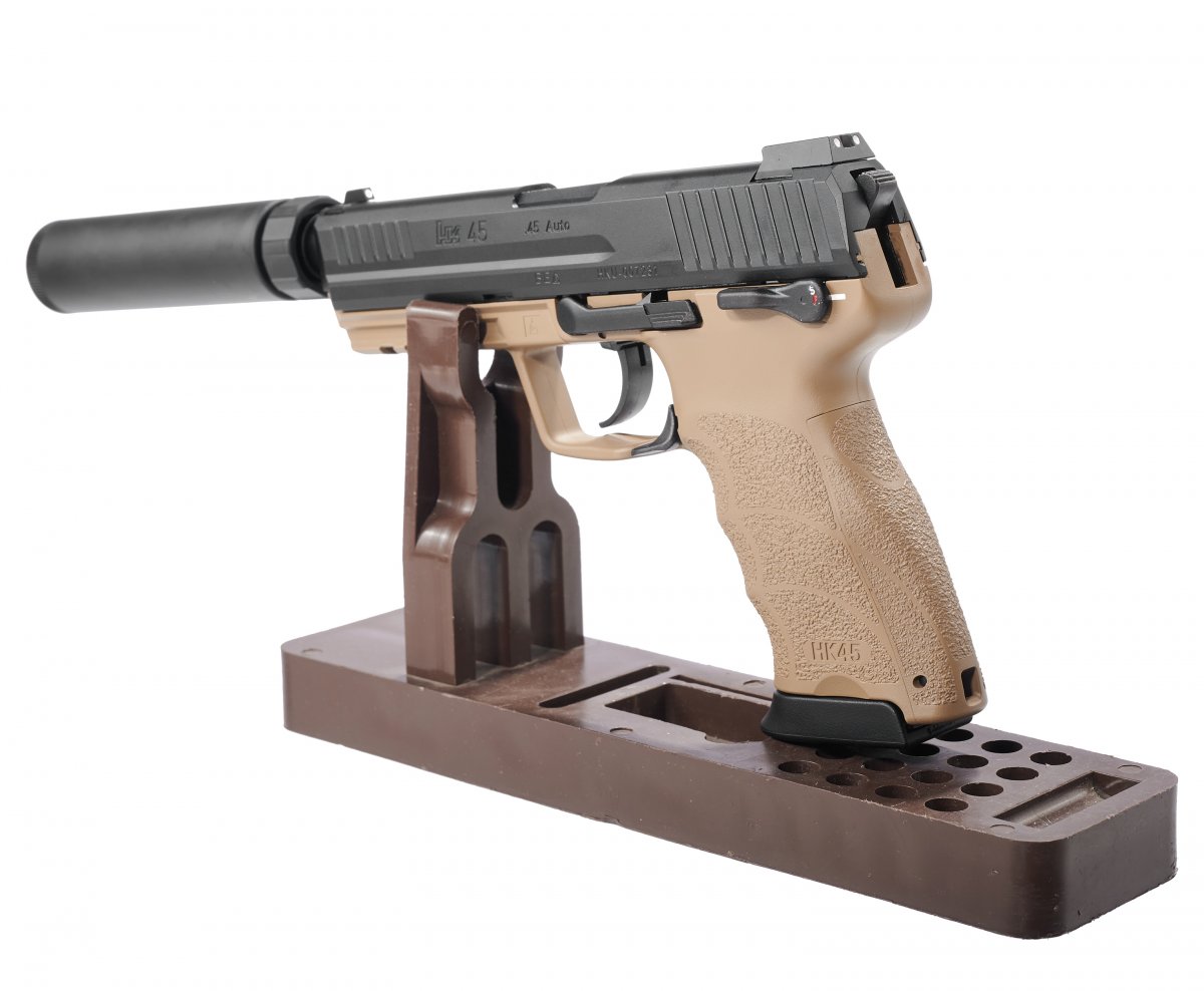 Страйкбольный пистолет GBB Tokyo Marui HK45 Tactical (142764) Blowback, чёрный/песочный, с пластиковым модератором