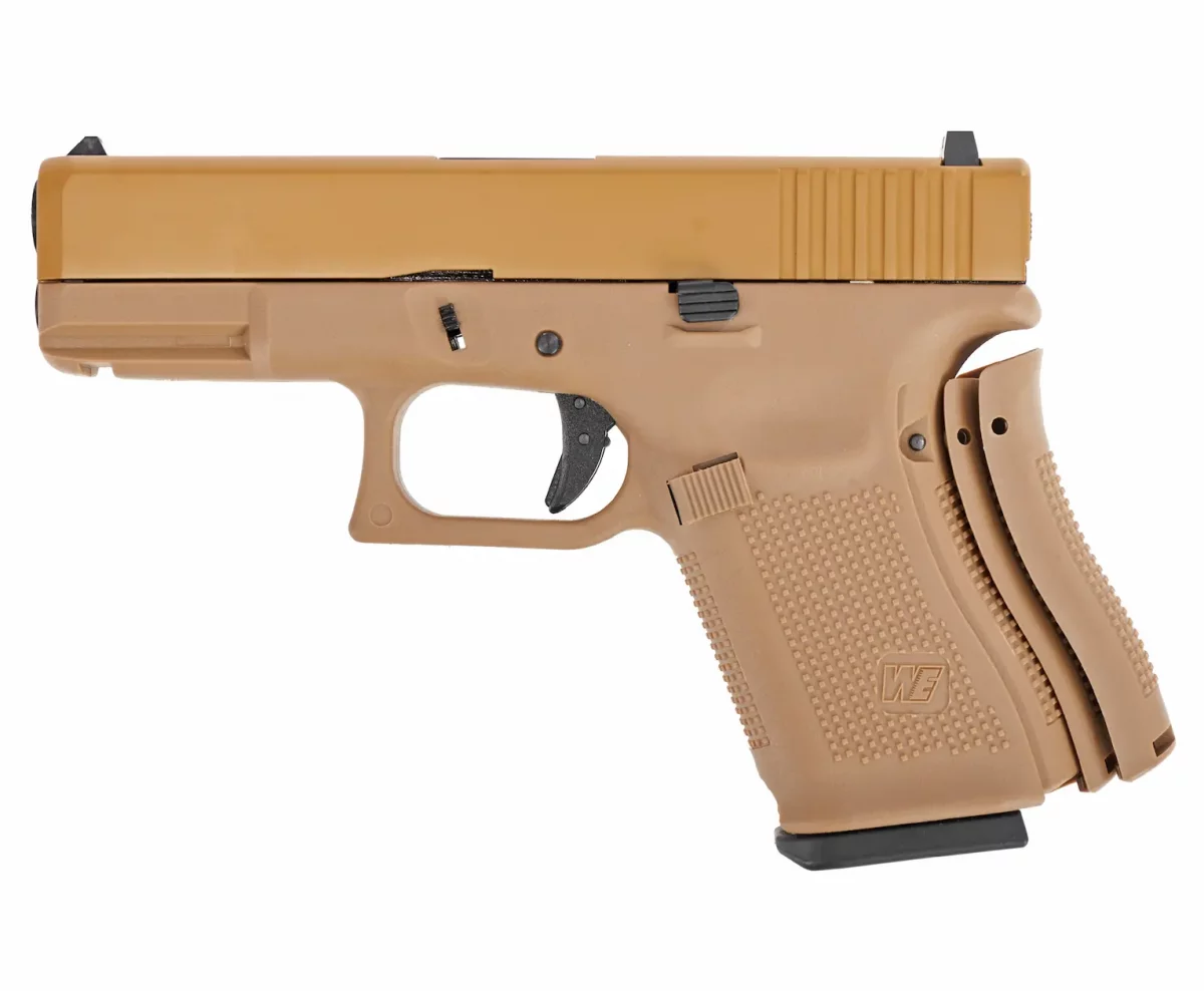 Страйкбольный пистолет WE Glock 19 Gen5 (WE-G003VB-TAN) — металл слайд, Tan, GBB, 6 мм