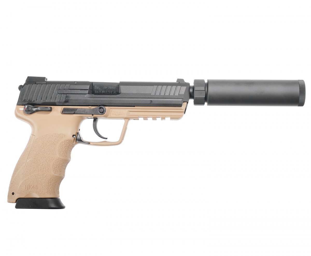 Страйкбольный пистолет GBB Tokyo Marui HK45 Tactical (142764) Blowback, чёрный/песочный, с пластиковым модератором