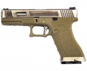 Страйкбольный пистолет WE-G001WET-6 Glock-17 G-Force (слайд металл хром, рамка Tan, ствол золотистый)
