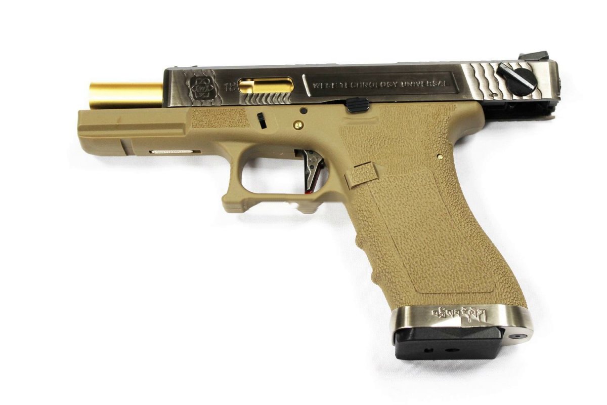Страйкбольный пистолет WE-G001WET-6 Glock-17 G-Force (слайд металл хром, рамка Tan, ствол золотистый)