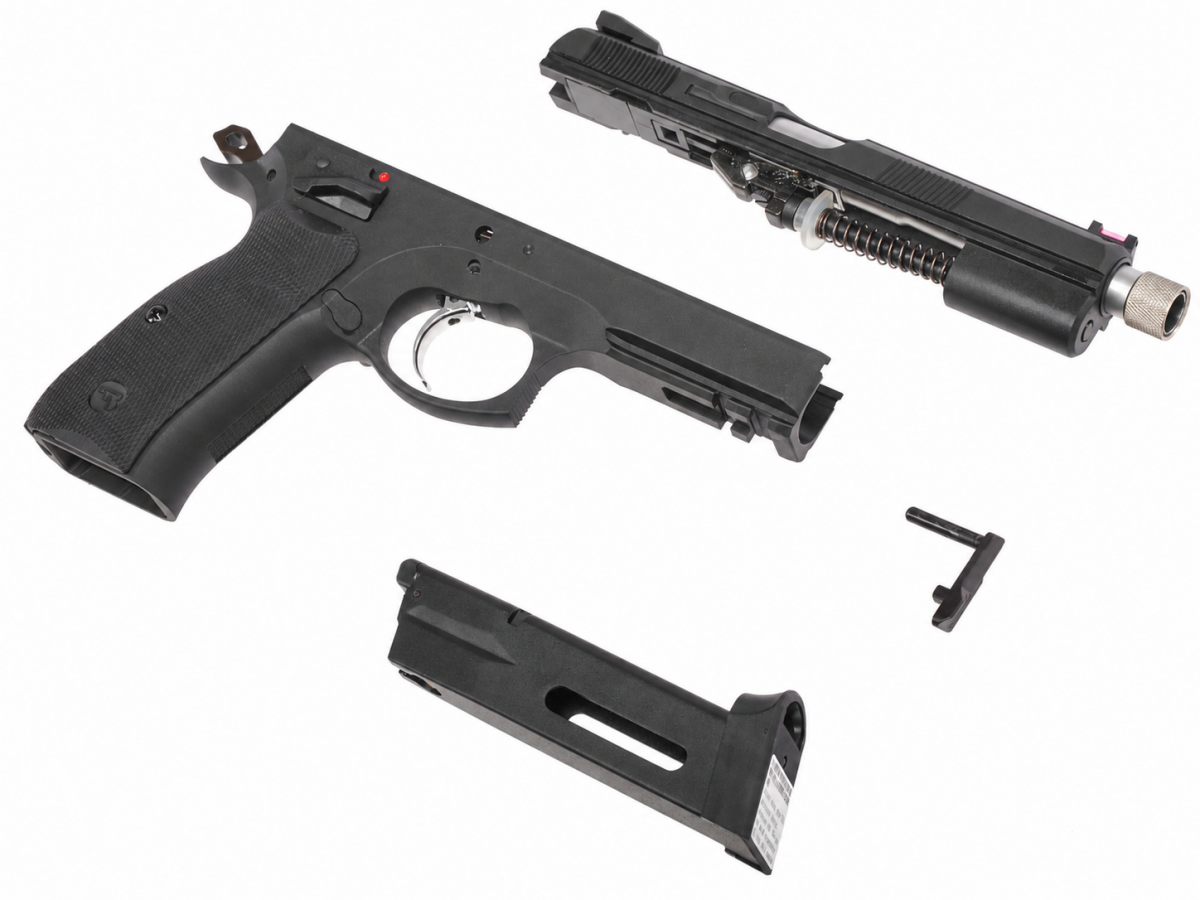 Страйкбольный пистолет GBB KJW CZ75 SP-01 SHADOW TBC (SP-01.GAS TBC) с удлинённым резьбовым стволом M14, Blowback, чёрный