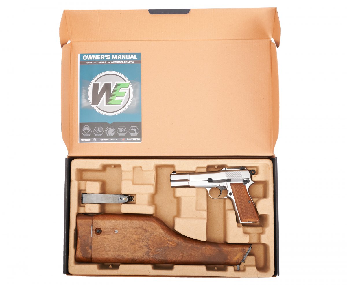 Страйкбольный пистолет WE Browning Hi Power (6 мм, Gas, хром, кобура-приклад, WE-B006)