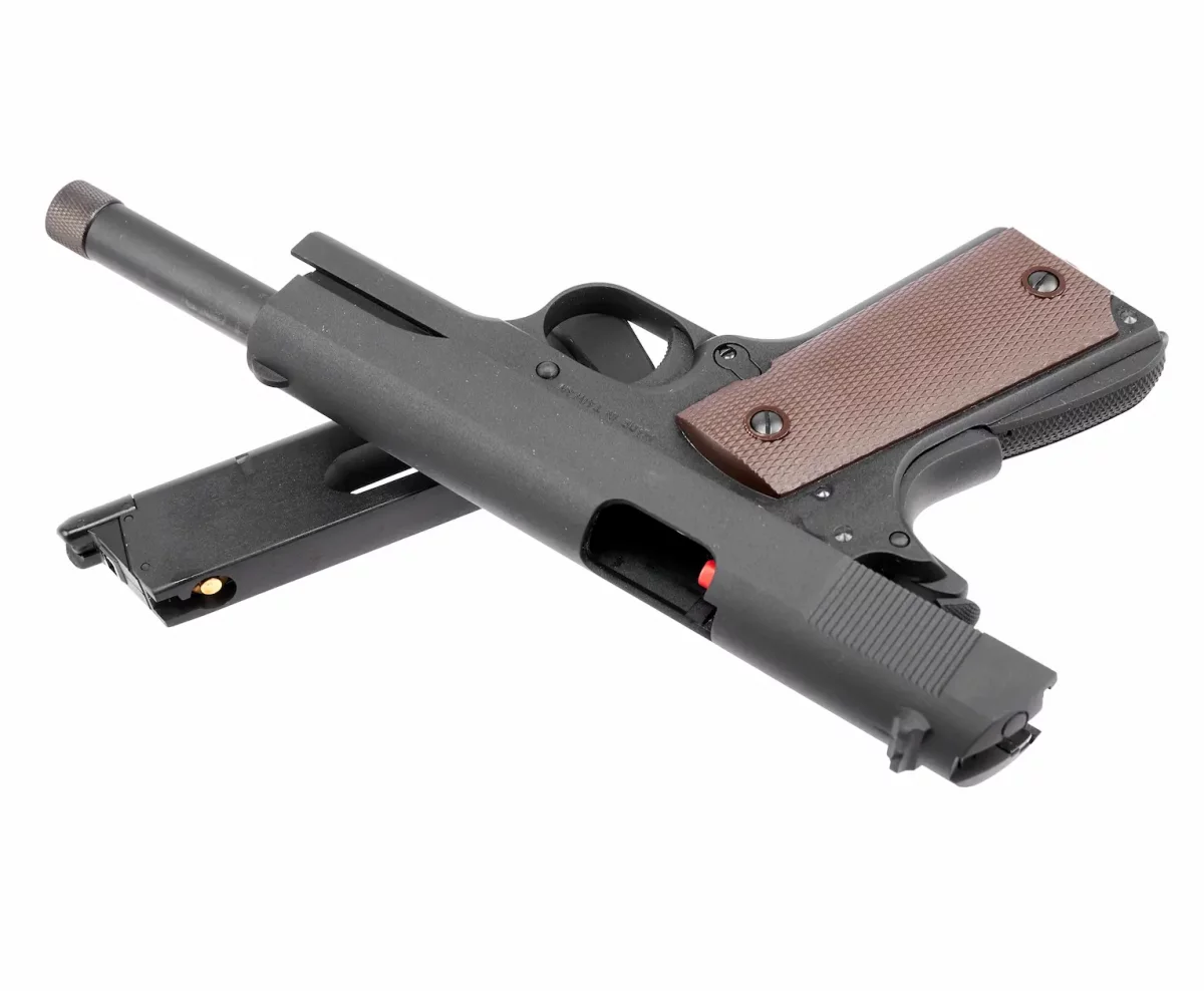 Страйкбольный пистолет KJW Colt 1911 CO₂ — чёрный, GBB, резьбовой ствол, 6 мм