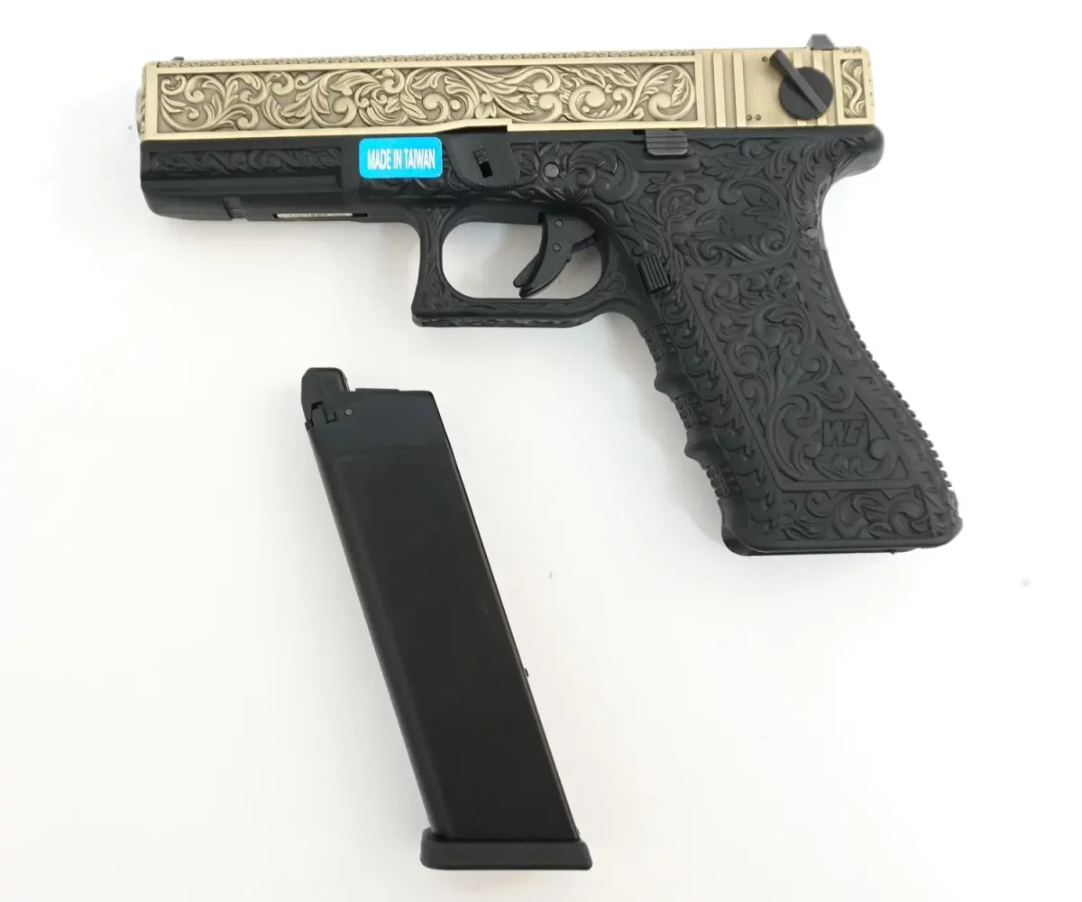 Страйкбольный пистолет WE Glock 18 Gen3 (WE-G002BOX-FP) — «под бронзу», авто/одиночный, GBB, 6 мм