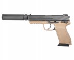 Страйкбольный пистолет GBB Tokyo Marui HK45 Tactical (142764) Blowback, чёрный/песочный, с пластиковым модератором