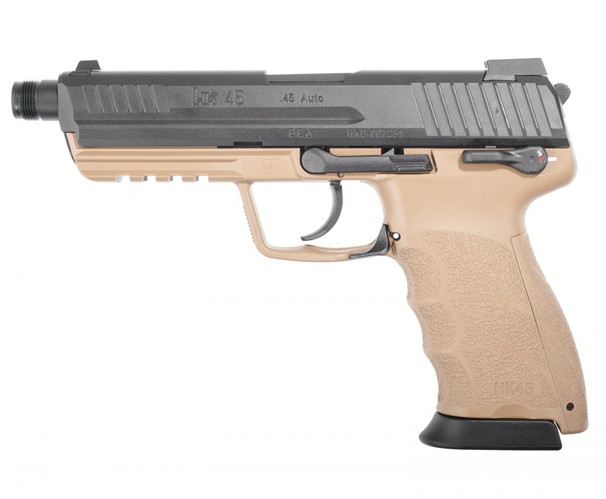 Страйкбольный пистолет GBB Tokyo Marui HK45 Tactical (142764) Blowback, чёрный/песочный, с пластиковым модератором