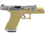Страйкбольный пистолет WE Glock-17 G-Force, Tan рамка, серебр. затвор, золот. ствол