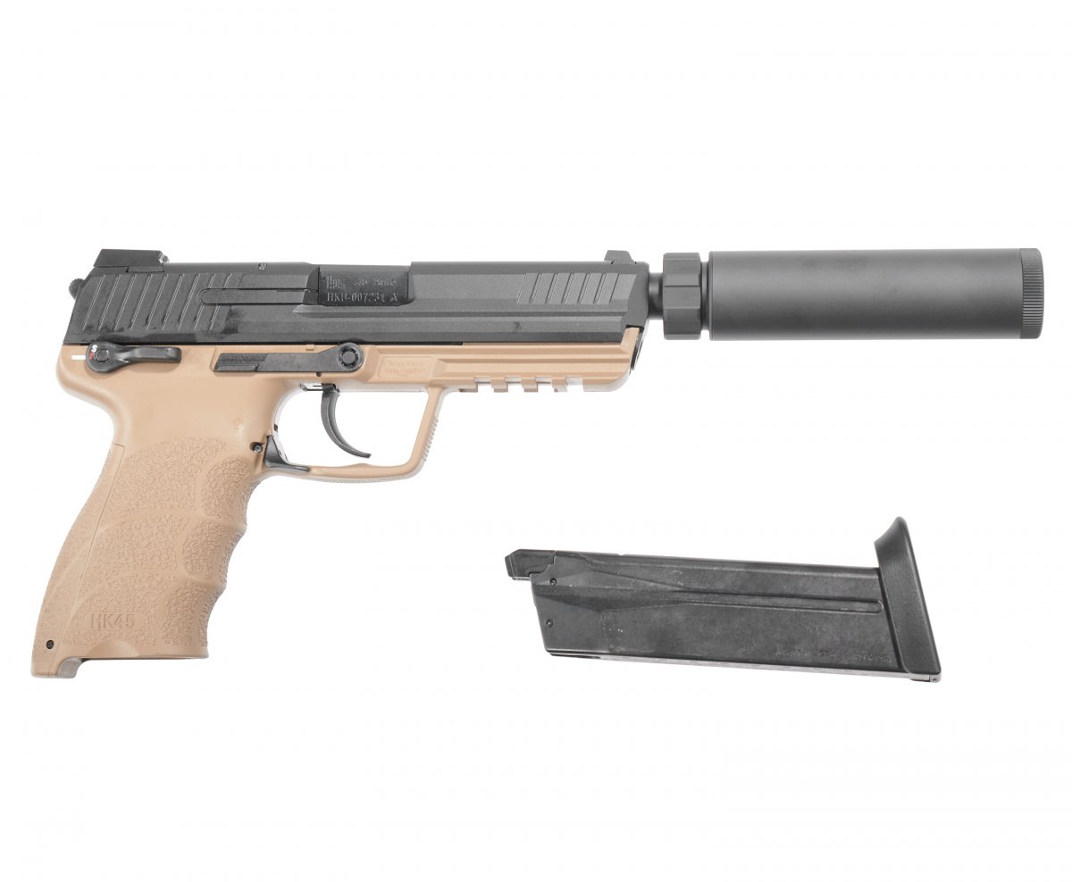 Страйкбольный пистолет GBB Tokyo Marui HK45 Tactical (142764) Blowback, чёрный/песочный, с пластиковым модератором