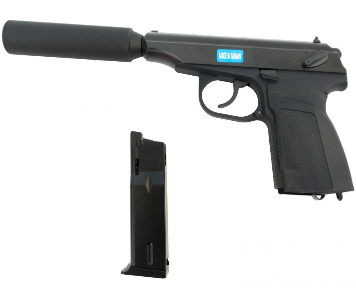 Страйкбольный пистолет WE Makarov 654K Black, с глушителем (WE-MA001-BK)