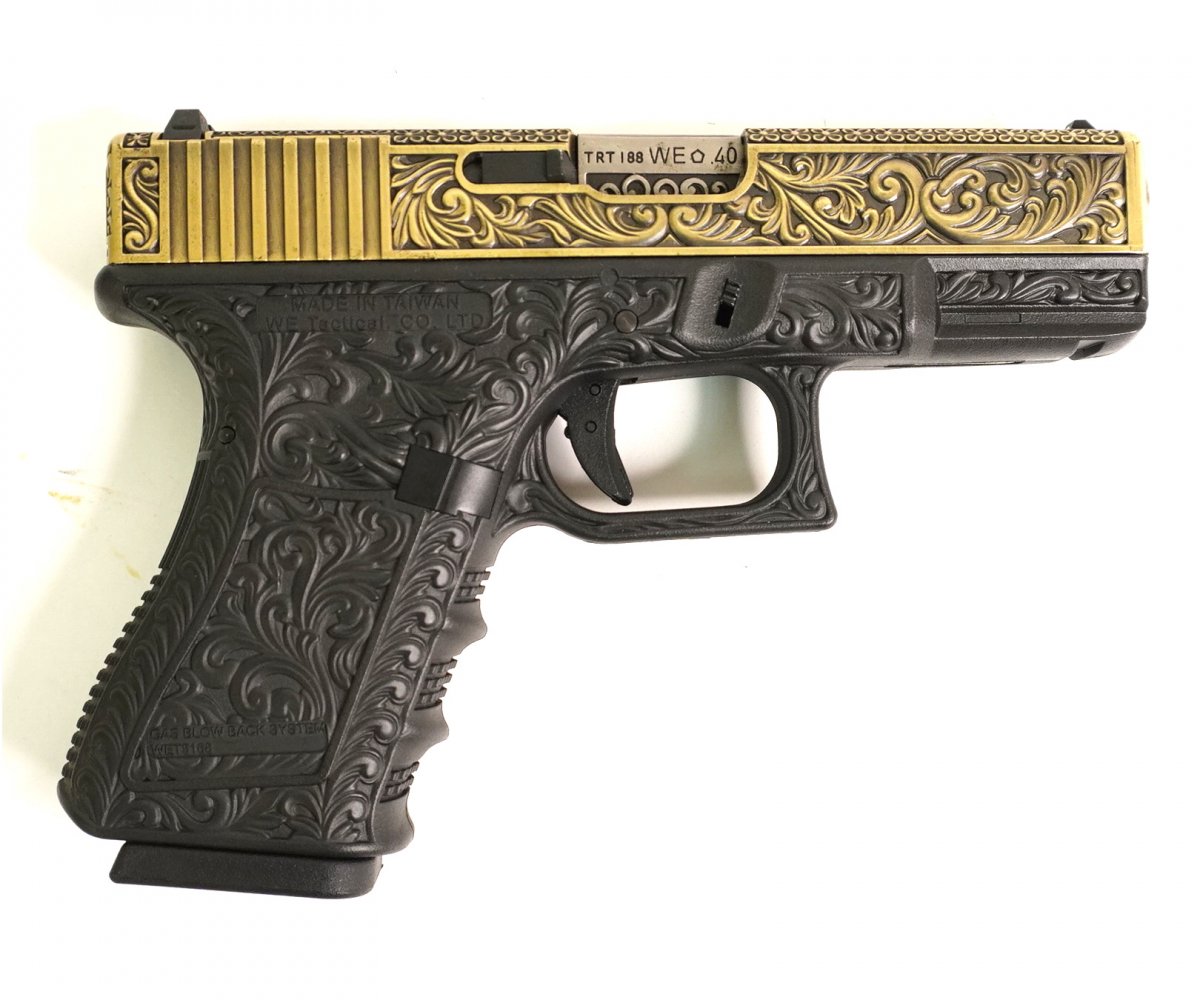 Страйкбольный пистолет WE Glock-19 Gen.3 Bronze, с гравировкой (WE-G003BOX-FP)