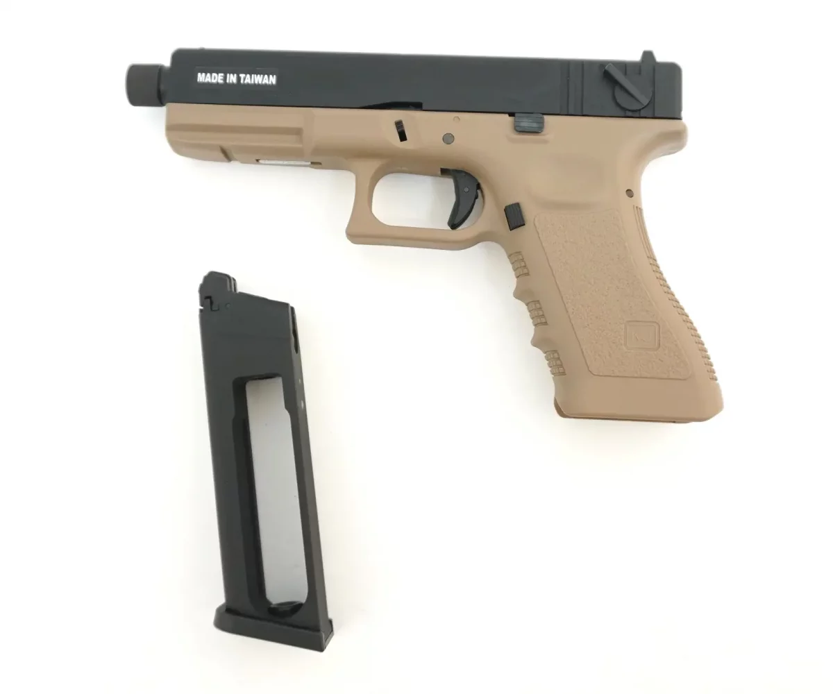 Страйкбольный пистолет KJW Glock G18 TBC CO2 TAN, удлин. ствол