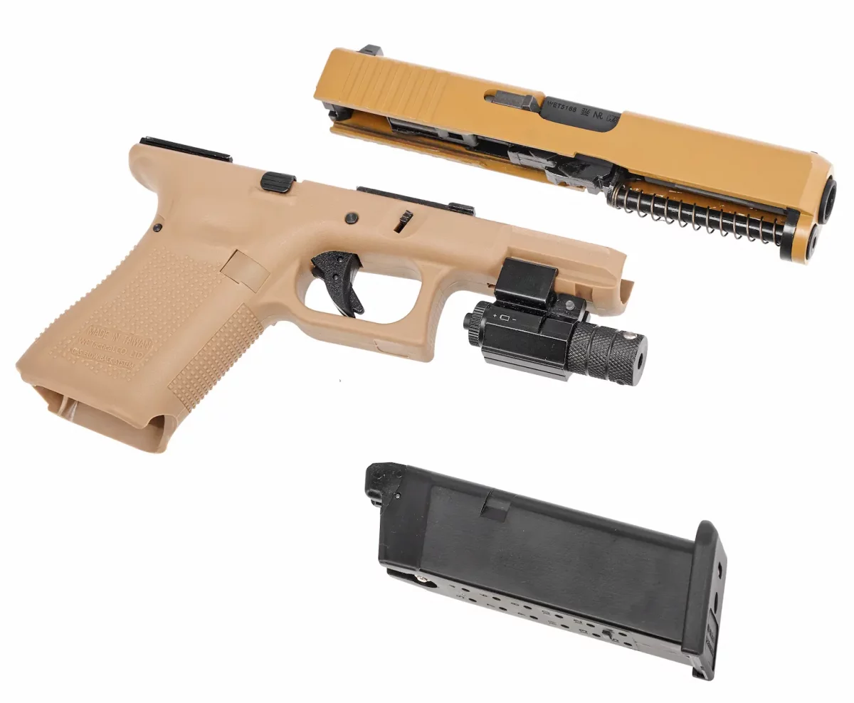Страйкбольный пистолет WE Glock 19 Gen5 (WE-G003VB-TAN) — металл слайд, Tan, GBB, 6 мм