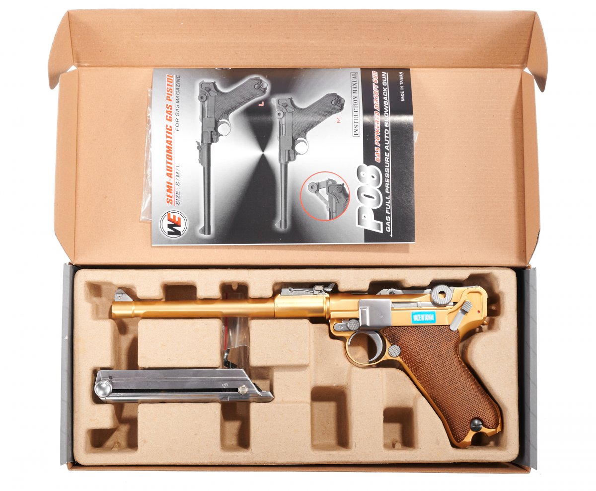 Страйкбольный пистолет WE-P009 Luger P08 (L) ствол 8 дюймов Gold