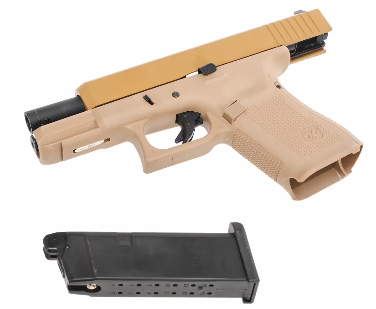 Страйкбольный пистолет WE Glock 19 Gen5 (WE-G003VB-TAN) — металл слайд, Tan, GBB, 6 мм
