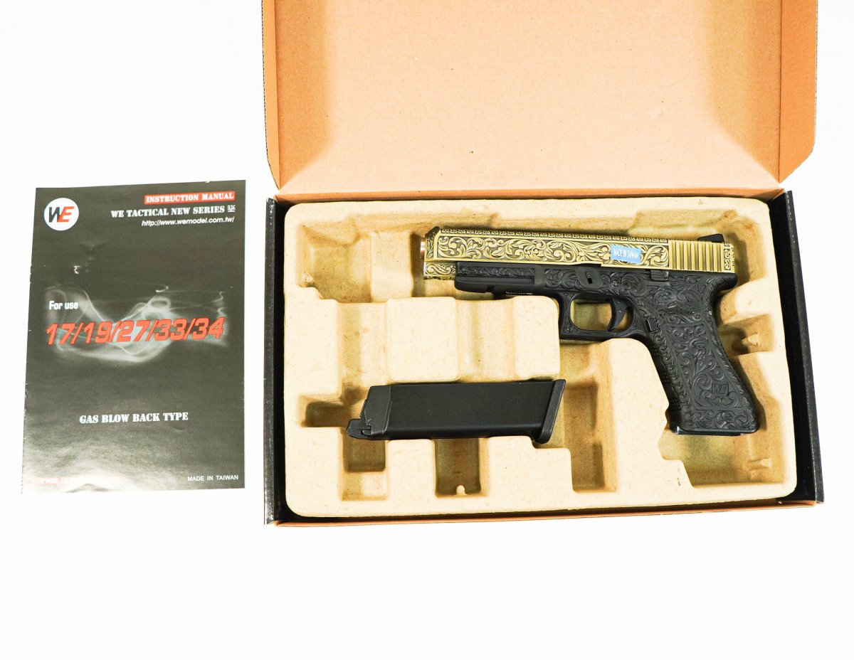 Страйкбольный пистолет WE Glock-34 Gen.3 Bronze, с гравировкой (WE-G008 BOX-FP)
