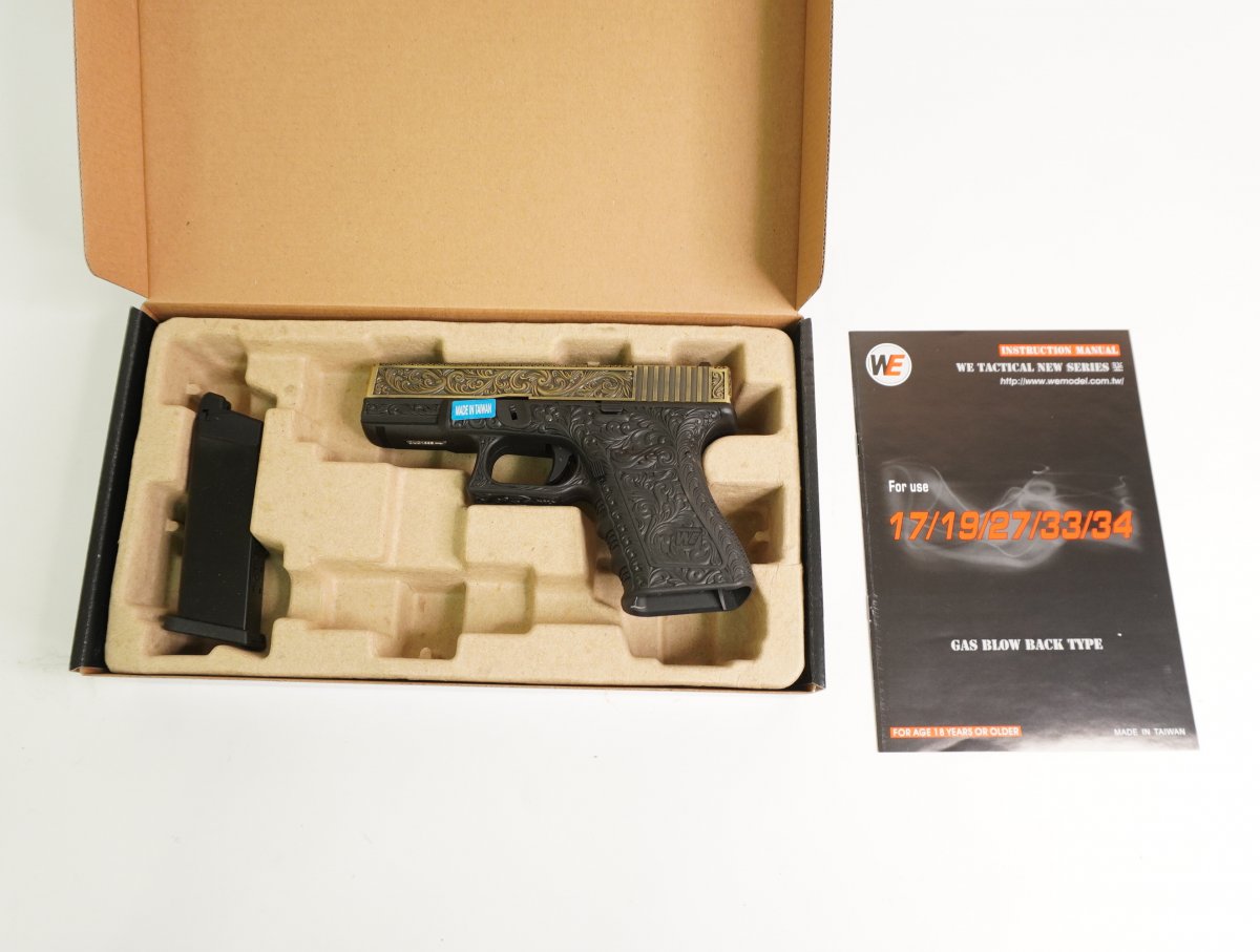 Страйкбольный пистолет WE Glock-19 Gen.3 Bronze, с гравировкой (WE-G003BOX-FP)